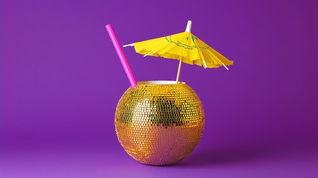 Golden disco ball cocktail with pink straw and yellow umbrella on purple background