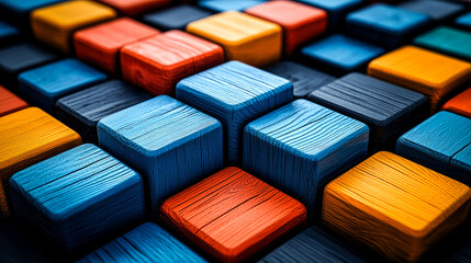Obraz premium Colorful Wooden Cubes Abstract Background Texture: Geometric Pattern Design