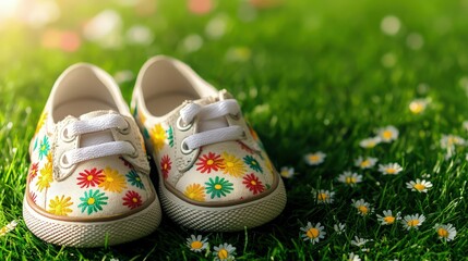 A pair of worn leather shoes rests gently on the soft, dewy grass, capturing the essence of a peaceful morning