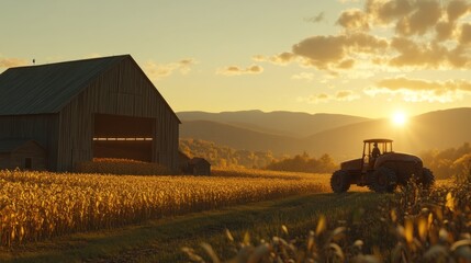 Obraz premium Golden hour lighting on a Thanksgiving farm scene with a barn and harvest field 