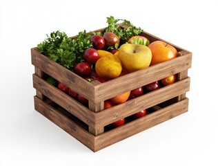 Fresh and Colorful Assortment of Fruits and Greens in a Wooden Crate on White Background, Perfect for Healthy Lifestyle and Culinary Creations