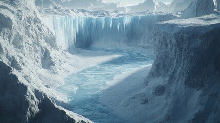 A serene icy landscape featuring a frozen waterfall and a river.