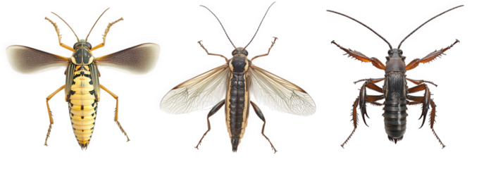three distinct insects. each showcasing unique physical characteristics the first insect has a yellow and black body. the second is a slender. dark-winged insect. and the third is a robust. dark-color