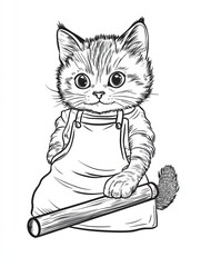 Cat in Apron with Rolling Pin:  A cute and curious cat with big, expressive eyes is drawn in a black and white illustration, wearing an apron and holding a rolling pin, ready to bake up some fun.