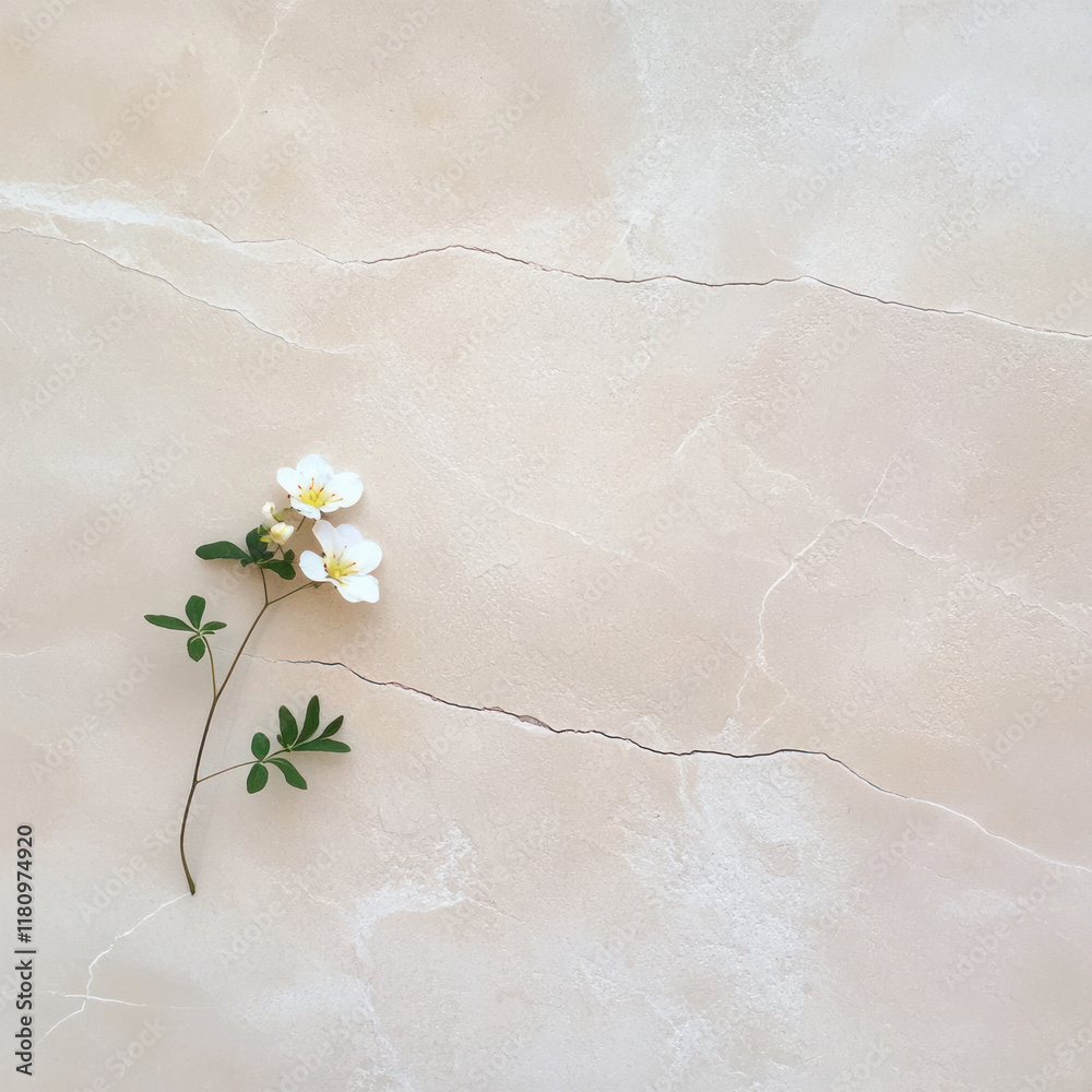 Poster delicate flower with white petals rests on textured beige surface, creating serene and calming atmos
