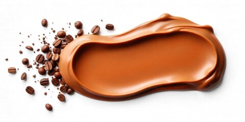 A swirling creamy coffee or chocolate spread with scattered coffee beans in the white background, Rich coffee beans and cream,a clean backdrop.
