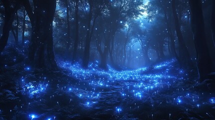 A bioluminescent alien forest with glowing plants 