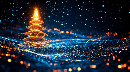 Naklejka premium Glowing Christmas Tree: A Digital Winter Wonderland. Festive Holiday Season, Sparkling Lights, Magical Celebration.