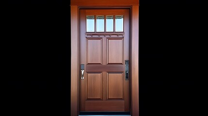 A tall, simple wooden door with clear glass windows at the top.