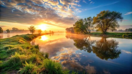 Obraz premium Serene riverbank scene at dawn, landscape, sunrise, landscape, sunrise