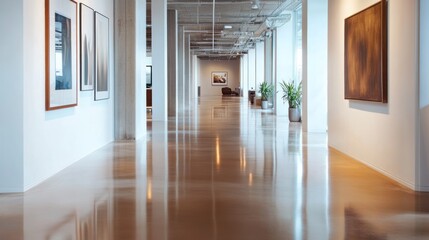 Bright office hallway with sleek flooring, artwork, and a modern aesthetic,
