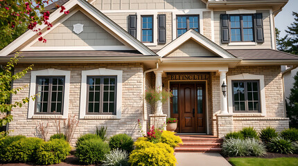 Two-Story Tan Brick House with Landscaping