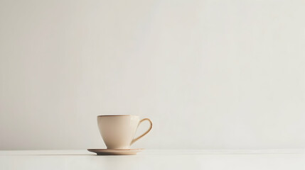 Beige coffee cup saucer minimalist white background.