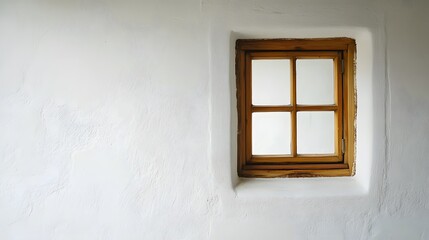 Fototapeta premium A small square window with a wooden frame, offering natural light on a plain white wall.
