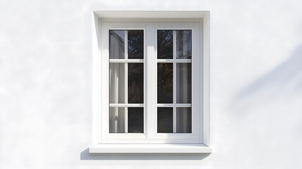 A French window with clear glass and white wood trim, sitting in front of a minimalist white wall.