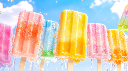 Popsicle stick, ice lolly with vibrant colors dripping on ice, blue background 