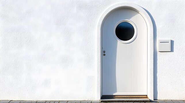A clean white door with a round window in the middle, creating a subtle yet striking design.