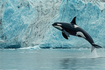 An orca leaps from the water against a backdrop of icy blue glaciers.
