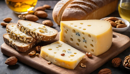 Delicious swiss cheese being served with bread and nuts for cheese lovers day
