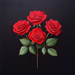 Naklejka premium Vibrant Arrangement of Red Roses Displaying Lush Green Leaves on a Dark Background for Elegant Floral Decor