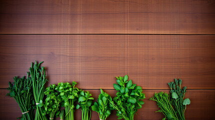 Fototapeta premium Fresh green herbs on table. farmhouse cooking. flavour. illustration photo. negative space, copy space.