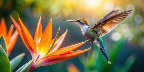Iridescent wings of a hummingbird hovering above the delicate white and orange petals of a Strelitzia flower, as it feeds on nectar , strelitzia, insect