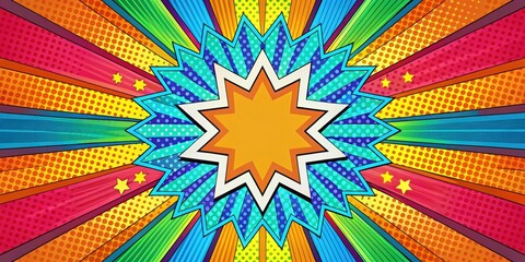 Fototapeta premium A colorful radial backdrop with geometric patterns and comic book-inspired shapes in bright hues , graphic design