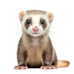 a cute ferret with a soft. light-colored fur coat and expressive eyes. sitting against a plain white background the ferret's playful demeanor and rounded features make it an appealing subject for anim