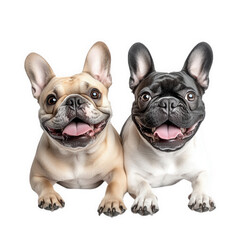 Fototapeta premium two french bulldogs. one fawn-colored and the other black. lying side by side with happy expressions their ears are perked up. and they appear playful and friendly. showcasing their adorable features