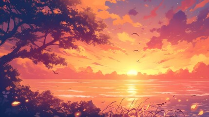 Anime-style sunset at the ocean, capturing the golden hues and peaceful beauty of a magical evening scene
