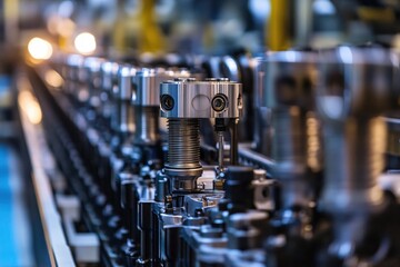 Naklejka premium Precision Engineering in Automotive Manufacturing Assembly Line with Metallic Components