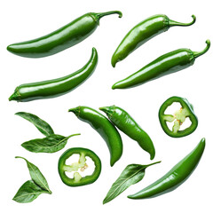 Fresh green chilies and basil leaves layout. transparent background