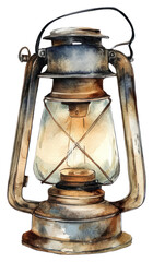 PNG A cute vintage lamp camping watercolor lantern art.