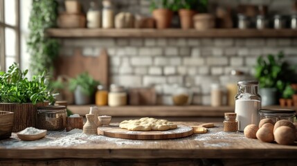 Fototapeta premium Rustic kitchen dough preparation, sunlit window, ingredients