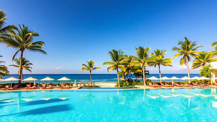 Obraz premium Luxurious Tropical Resort with Infinity Pool, Ocean Views, Palm Trees & Relaxing Paradise Setting