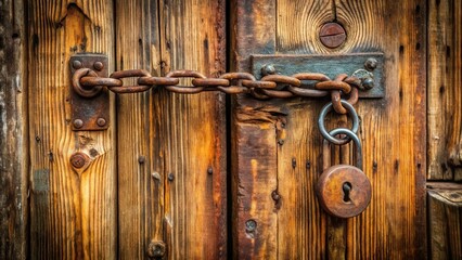 Fototapeta premium Finding the right key on a old wooden door with rusty lock and chain, lock, exploration, lock, exploration