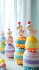 Colorful cartoon-style chicks emerging from playful Easter eggs on a cheerful spring day