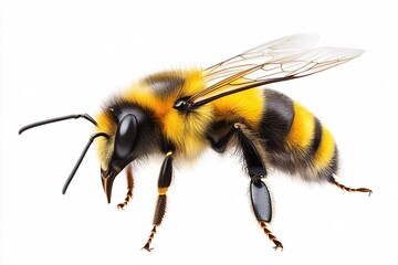 Hyper-realistic depiction of a bumblebee with vibrant yellow and black stripes