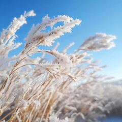 close up of dry grass covered with hoar frost against blue sky