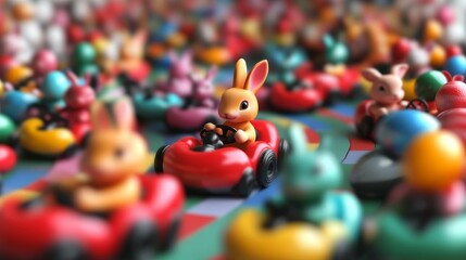Bunnies race in colorful egg-shaped go-karts on a festive track full of joyful decorations and vibrant colors
