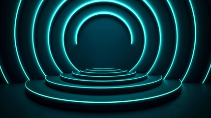 Obraz premium Abstract Neon Architecture: Circular Platform with Blue Glowing Lights - Futuristic Design
