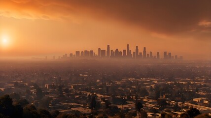 Obraz premium A panoramic view of the Los Angeles skyline shrouded in smoke from nearby wildfires, with a glowing orange horizon, emphasizing the impact of the disaster on urban life,Generative Ai 
