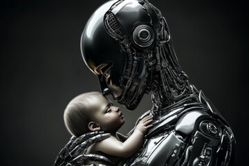 Naklejka premium A robot mother tenderly cradles her tiny robot newborn.