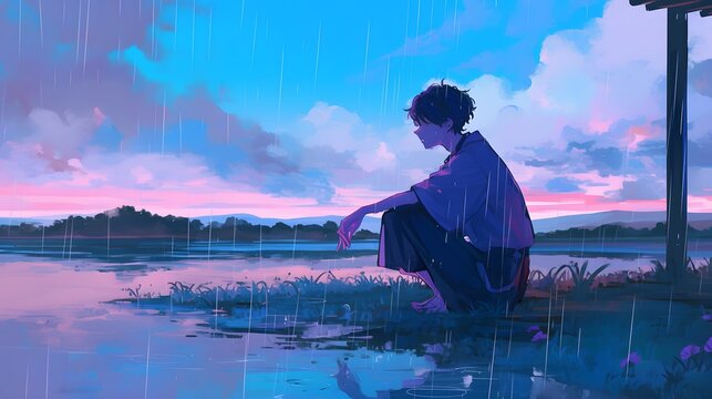 Anime boy contemplating rain over a river, immersed in thought