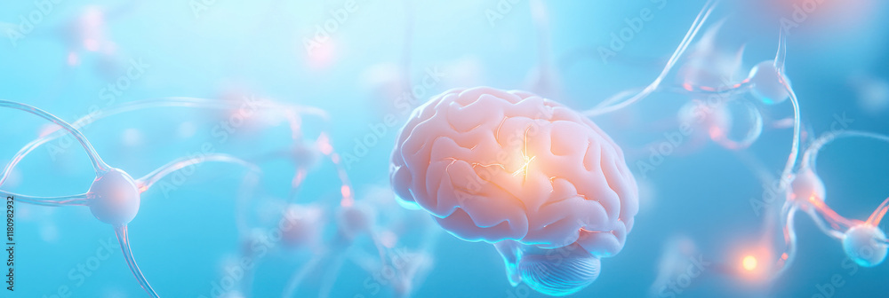 Poster digital representation of human brain surrounded by neurons, showcasing neural connections and activity
