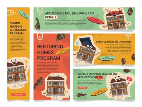 Old home renovation banners showcasing various programs and grants for homeowners looking to improve their properties and access assistance