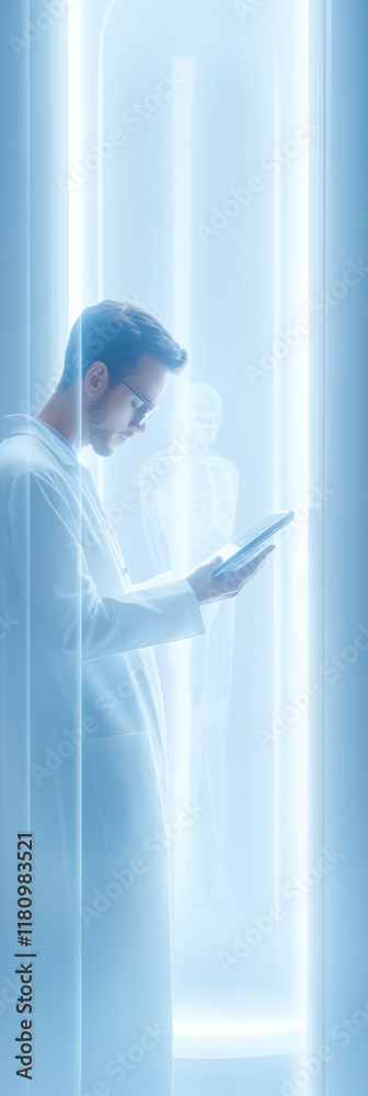 Poster scientist in lab coat studies tablet, illuminated by blue light. transparent human figure is visible