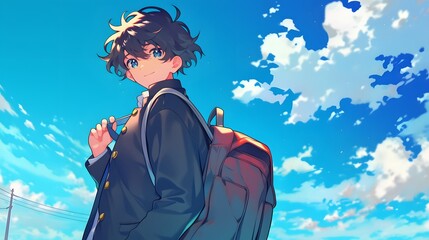 Anime boy in a school uniform, cartoon-style background