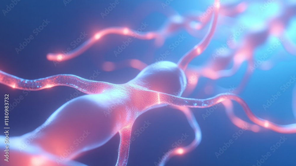 Aufkleber neurons with glowing connections in blue background, representing neural activity and communication