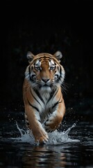Majestic Tiger Running Through Water At Night